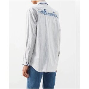 RE/DONE Upcycled Embroidered Button Down Shirt Womens L Grey White Striped